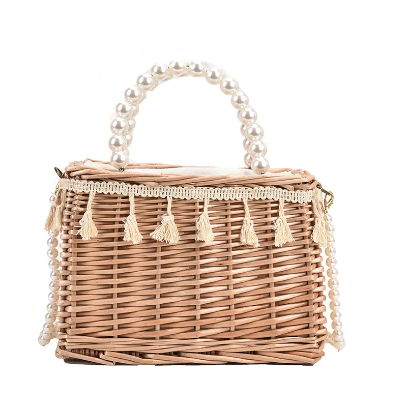 

New Fashion Women's Hand-Woven Rattan Bag Crossbody Straw Bag Chic pearl basket beach bag