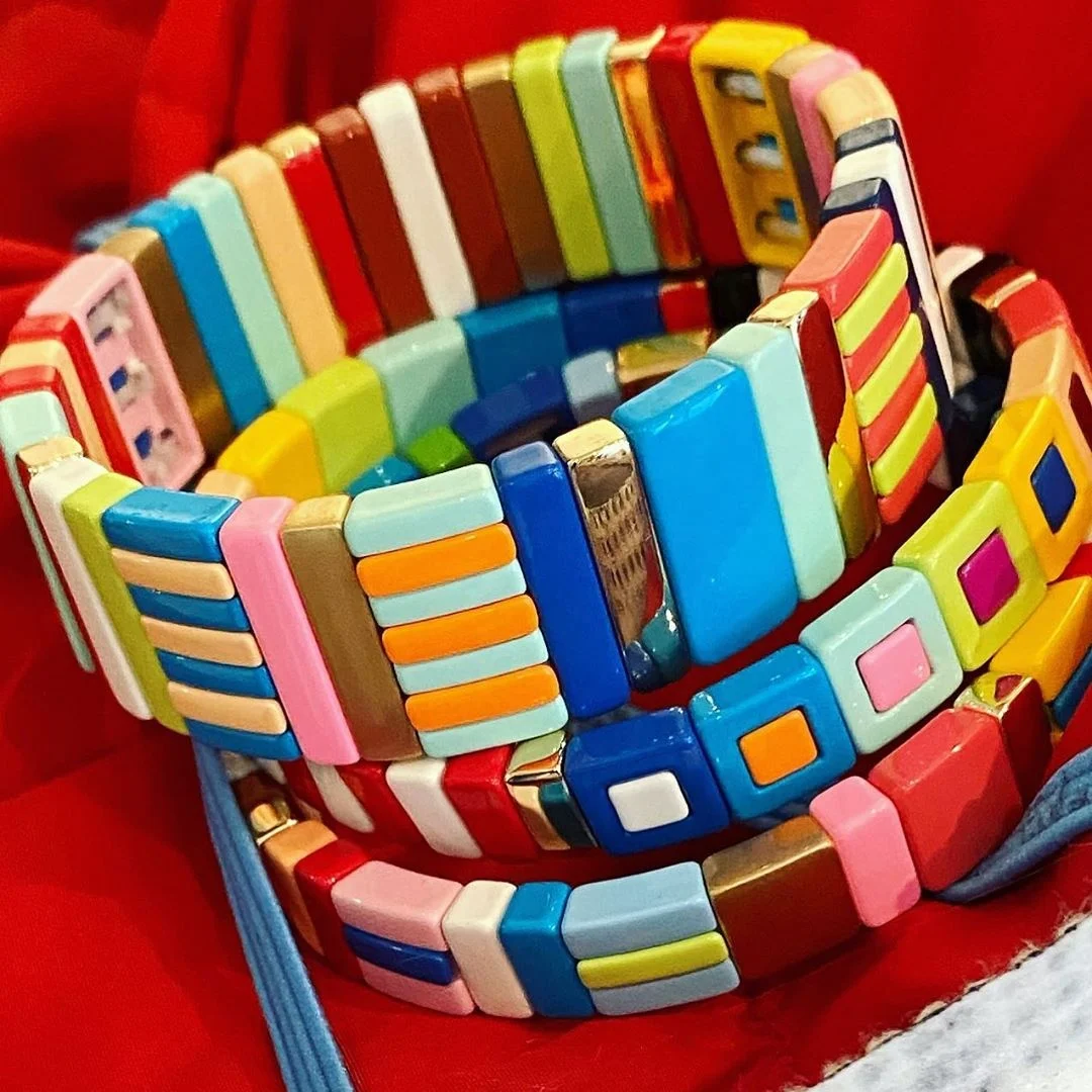 
Wholesale Enamel Rainbow Metal Tile Beads Bracelets For Women Custom Welcomed Rainbow Candy Tile Bead Bracelet 