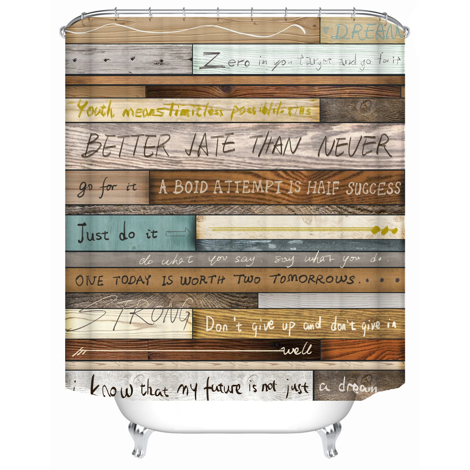 

Quotes carved on old wooden boards Print Waterproof Fabric Shower Curtain Liner Covered Bathtub Bathroom Curtains 12 Hooks