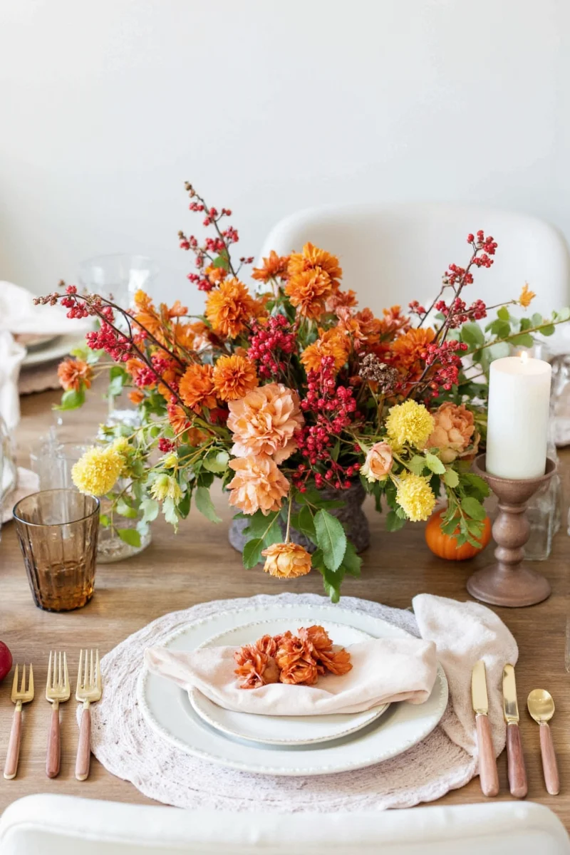 Thanksgiving Table Setting with Low Centerpiece