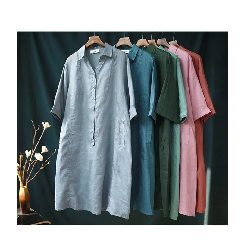 

Korea style casual linen dress super size T shirt V neck dress loose