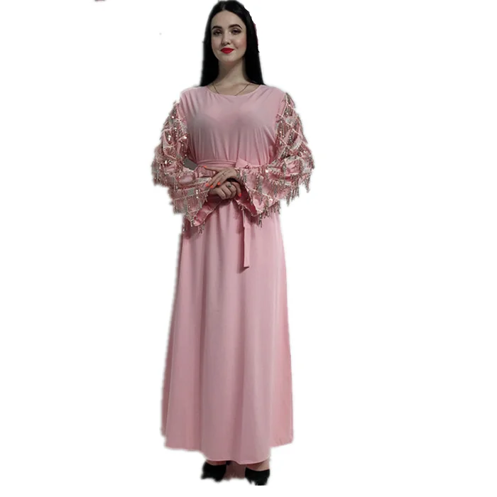 

2019 wholesale latest fashion muslim women long abaya sequin tassels sleeve maxi dress islamic clothing dubai, Black