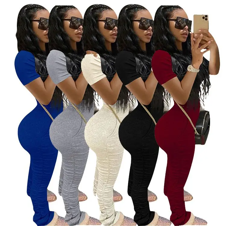 

0420M114 Summer Fashion Stacked Pant Short Sleeve Tshirt Women Two Piece Set Solid Plus Size Jogging Sportswear 2 Pcs Pants Sets