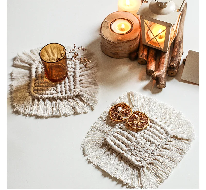 Artilady Bohemia Handmade Tassel Beige Cup Mat Non-Slip Anti-stick Square Cotton Macrame placemat coaster