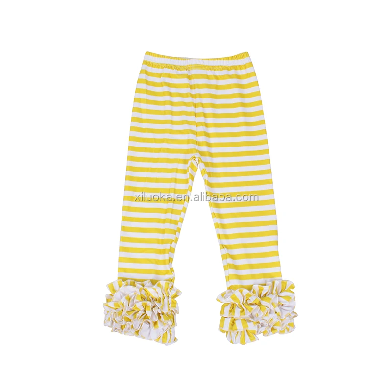 

Kids Clothing Baby Icings Ruffle Lemon Yellow And White Stripe Pants Girls Wholesale Trousers Ruffled Pants, Picture