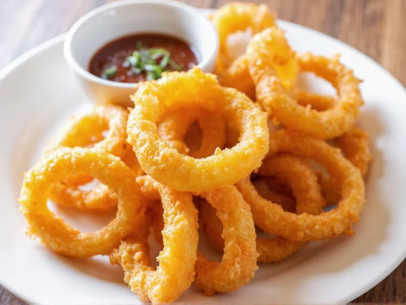 Crispy golden onion rings on white plate with dipping sauce