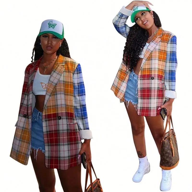 

Color Block Plaid Blazers Jacket Ladies Women, 1color
