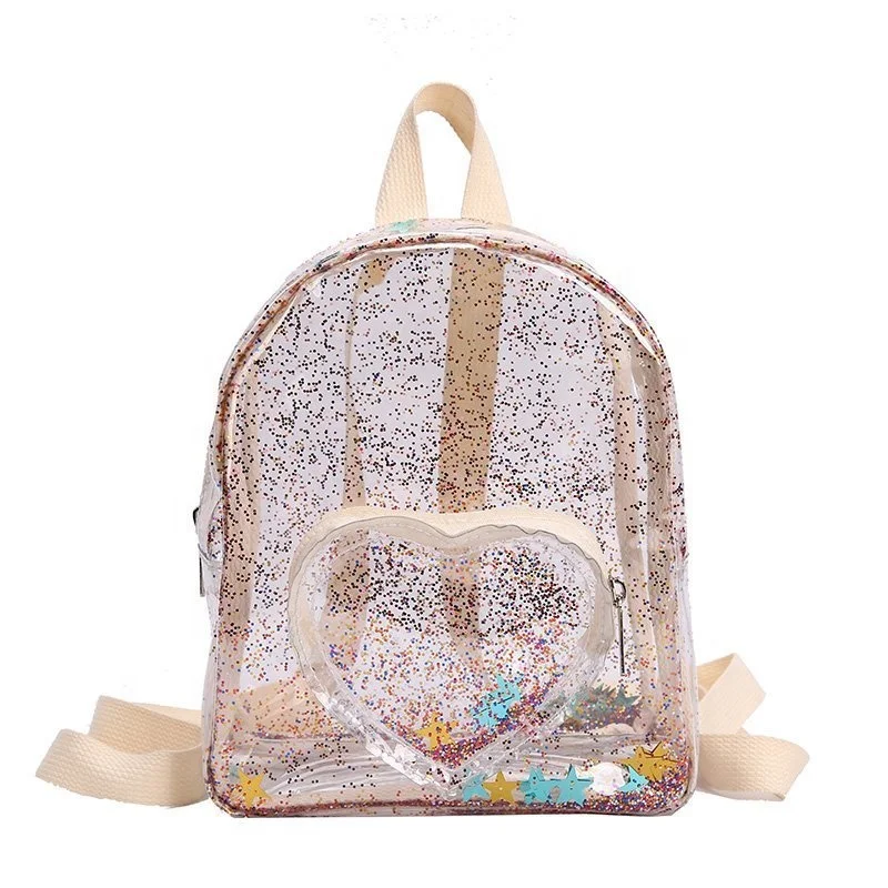 

New Arrival Star Quicksand Girls Jelly Clear Small Book Bag Transparent Sequins Kids School Bags Bling PVC Children Backpack, Star, heart