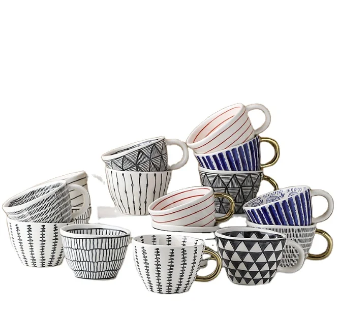 

Ceramic Coffee Kitchen Geometric Pattern Pottery hand painted Tea irregular office cup mug, Irregular mug