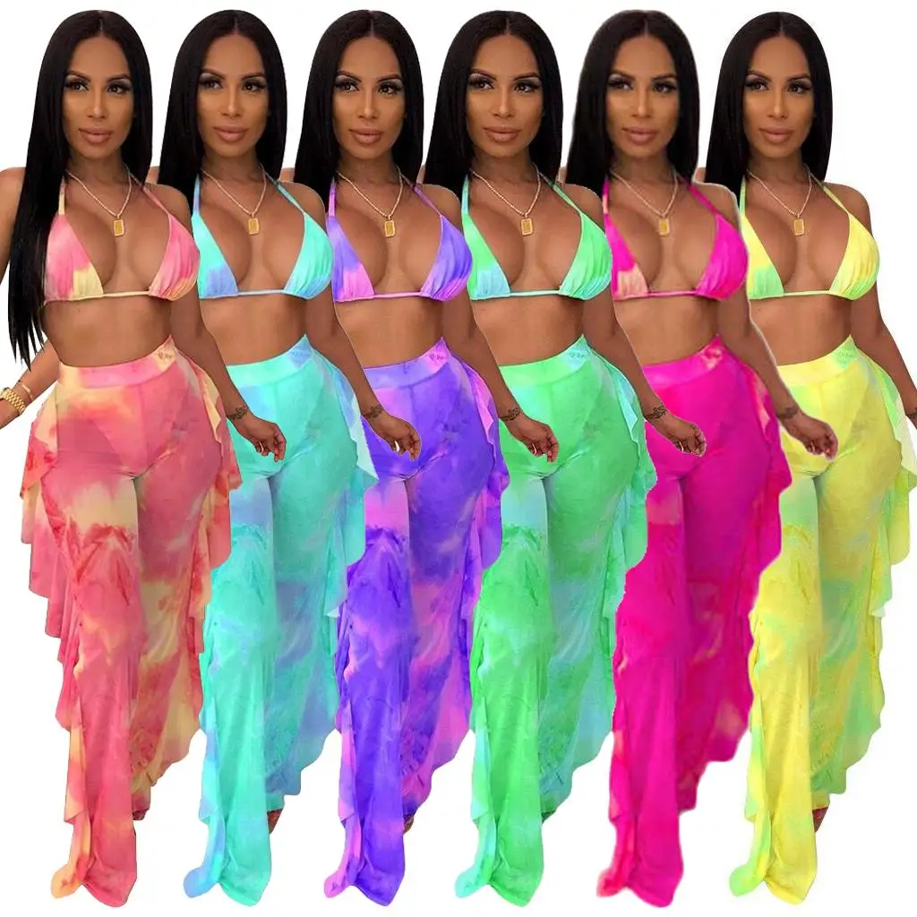 

wholesale woman plus size color changing swimsuit Two-piece Tie dye printed swimwear net yarn bikinis set ladies mesh pants suit