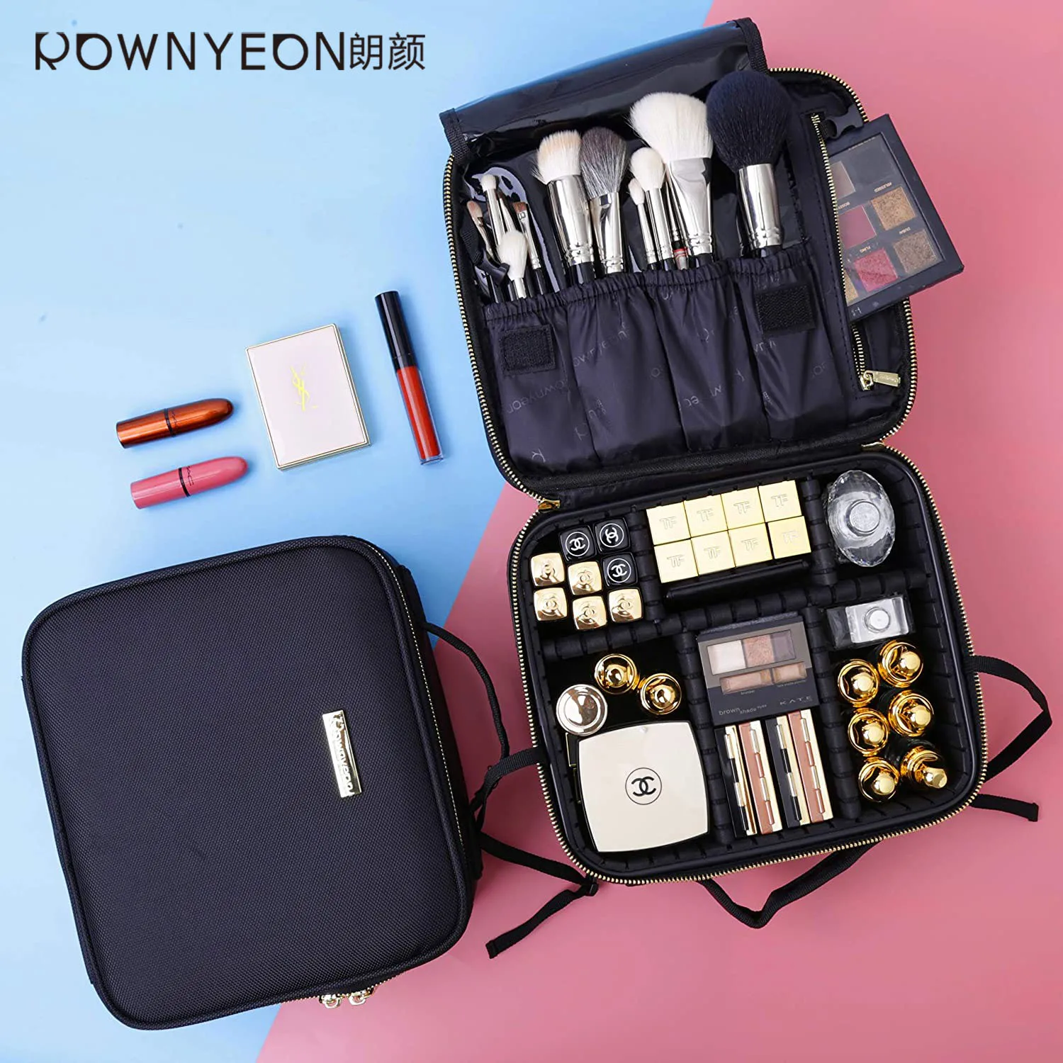 

Rownyeon Luxury High Quality Low MOQ Balck Nylon Large Waterproof Travel Beauty Makeup Case Bag, Black