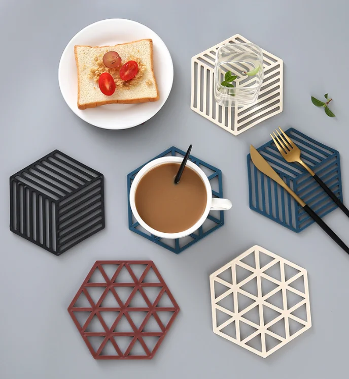 

2022 epoxy hexagon shaped new material environmental TPR rubber drinks tea coasters silicone hot water cup mat decoration mat, Oem