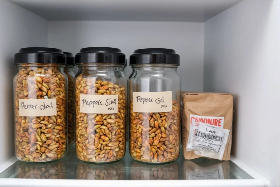 Glass jars with labeled pepper seeds stored in refrigerator with silica gel packets