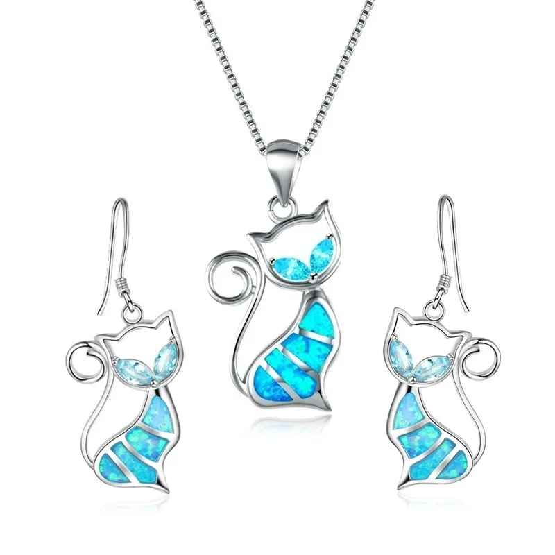 

2020 European New Wish Cute Jewelry Sexy Animal Opal Cat Necklace Earring Set For Girls Party, Picture