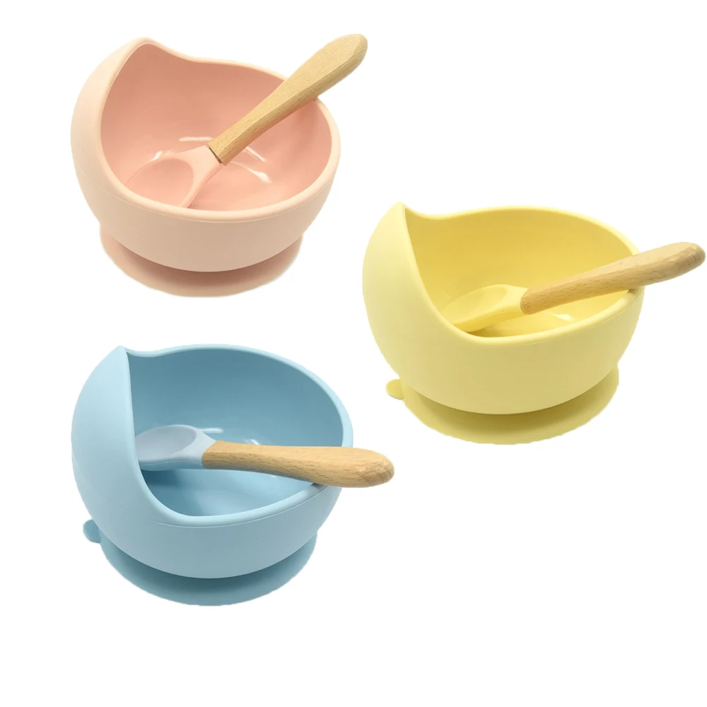 

Wholesale bpa free kitchen Suction folding Kids Silicon Feeding rice Bamboo plastic baby silicone bowl and spoon set, Customized color