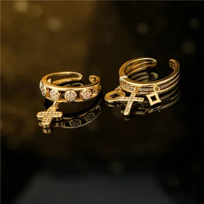 

Newest Jewelry Layered Rhinestone Crystal Cross Ring Gold Plated Shiny CZ Geometric Cross Open Ring For Women Men