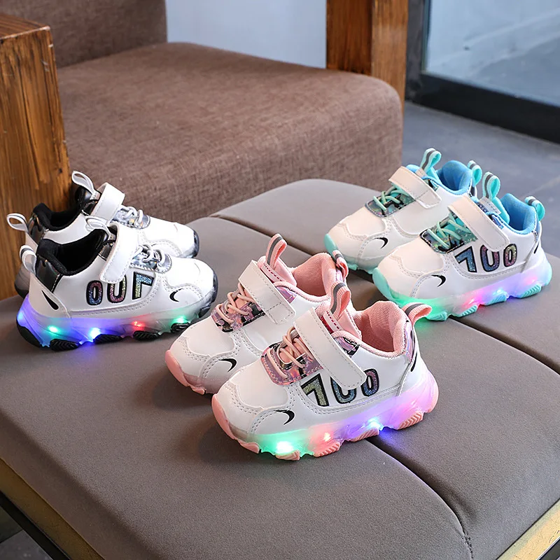 

Fashion Boys White Chunky Sneakers Casual Light Flashing Sneakers Led Shoes Kids Shoes For Girls, As shown