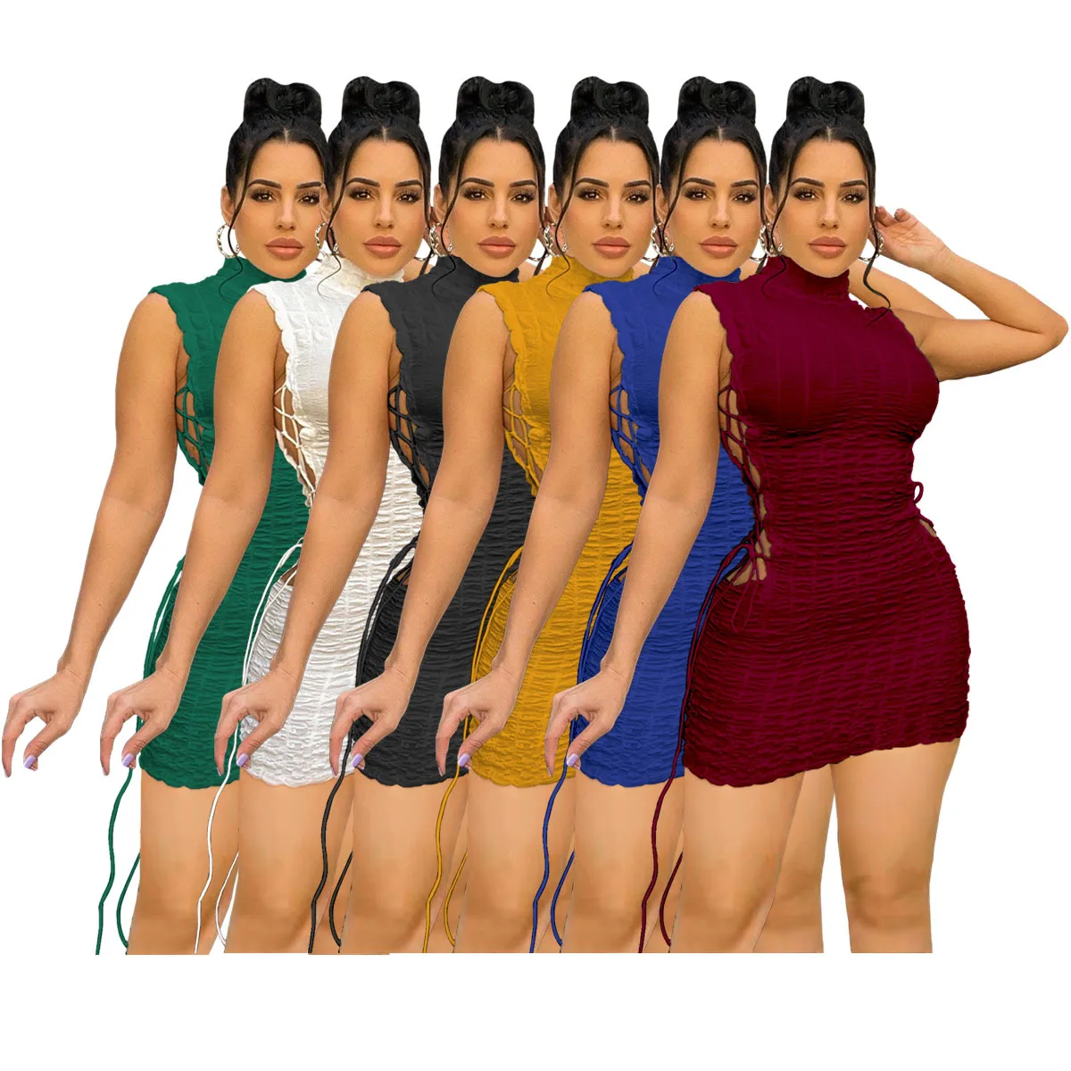 

Black Y2K Summer Knitted Sleeveless Dress Green Sexy Y2K Fashion Clothing Sexy Turtleneck Hollow Out Mini Dress 2022 Summer
