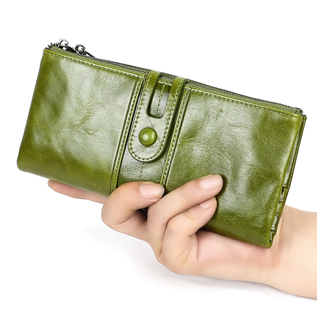 

Lady Oil Wax Genuine Soft Leather Women Long Clutch Zipper Travel Bifold Wallet With Sim Card Slot