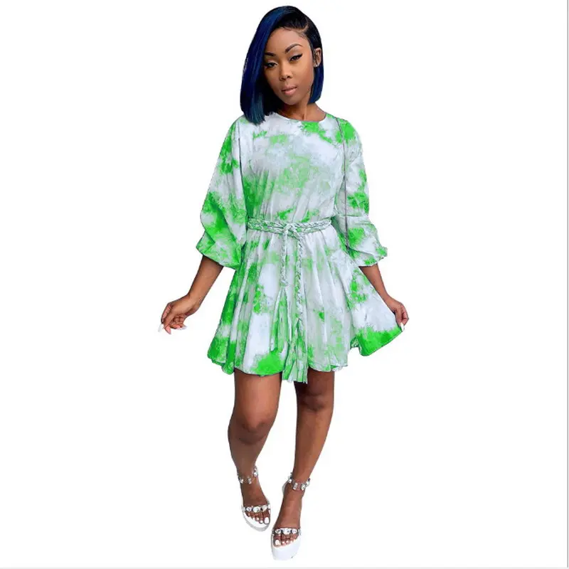 

2020 Unique Fashion Ladies Long Sleeve Tie Dye Pleated Skirt Round Neck Belt Short Loose Dress Two Piece Woman Set, As picture