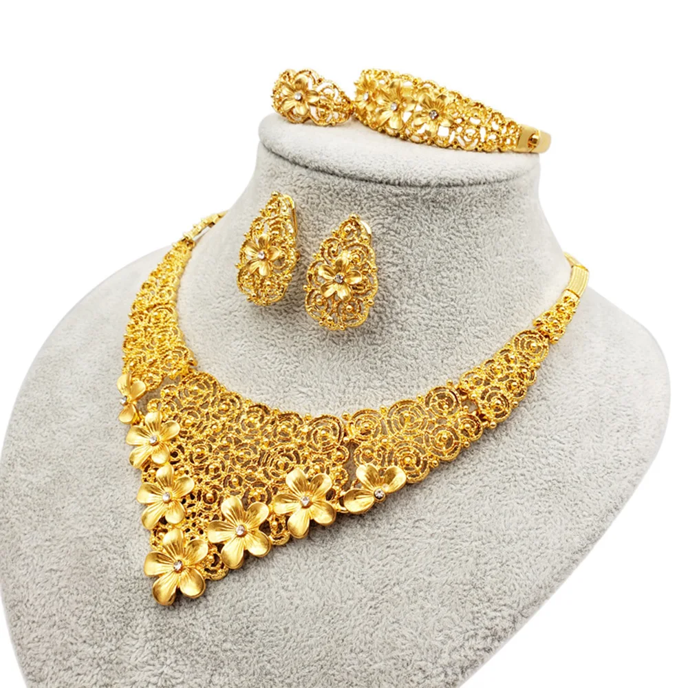 

Classic African 18K Gold Plated Wedding Collection Flower Jewellery Set Luxury Dubai Bridal Necklace Bracelet Ring Earring, Gold color