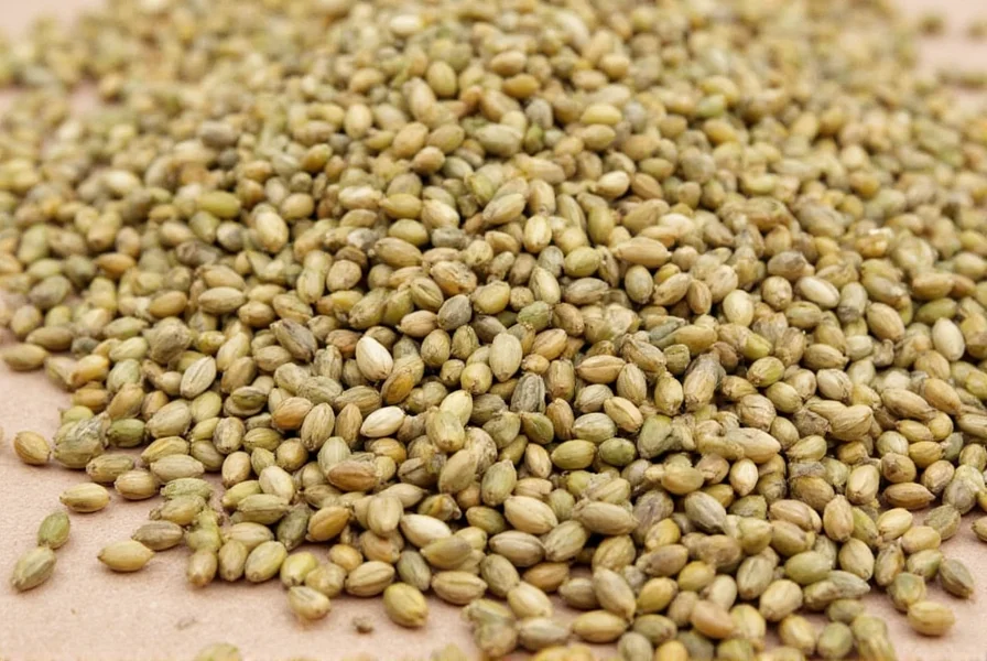 Close-up view of whole coriander seeds showing their ribbed texture and light brown color