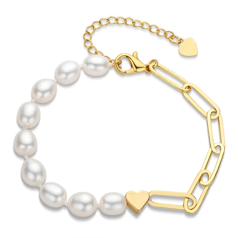 

14K Gold Filled Adjustable 6-7mm Natural White Freshwater Pearl Bracelet for Women Jewelry Sweet Heart Link Bracelets, Yellow gold