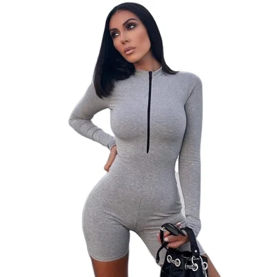 

Women's Sexy Bodycon Casual Long Sleeve Onesie Pjs Zipper Nightclub Rompers Short Jumpsuit One Piece Outfits, Black/gray