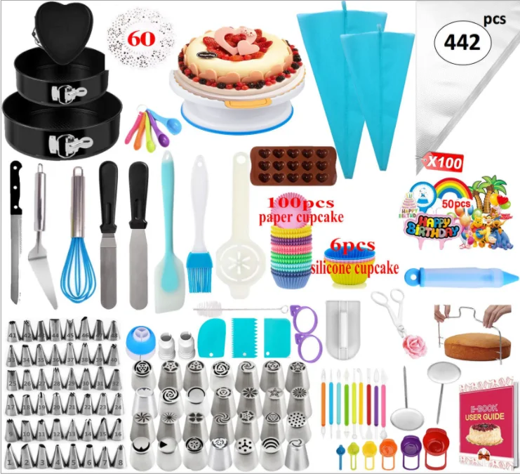 

442PCS Cake Decorating Supplies Kit Nonslip Turntable Stand Set Pastry DIY Accessories Bakeware Set -Icing Tip Set