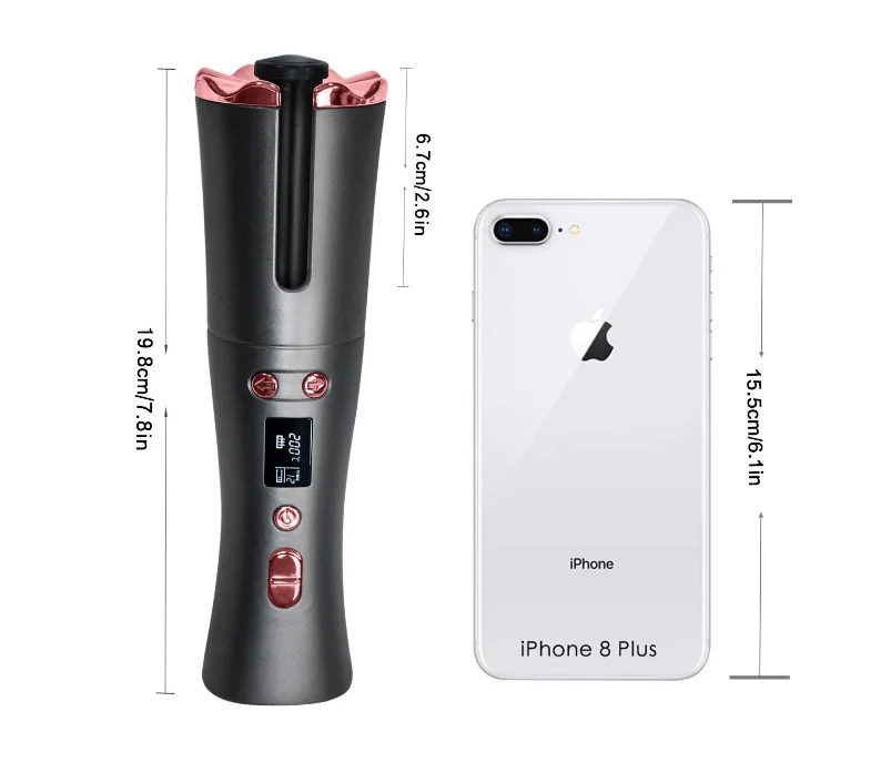 

Cordless Automatic Rotating Hair Curler USB Rechargeable Curling Iron LED Display Temperature Adjustable styling tool Wave Styer, Black