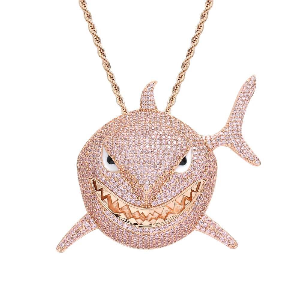 

New Iced out Bling Full Cubic Zircon Shark Pendant Necklace