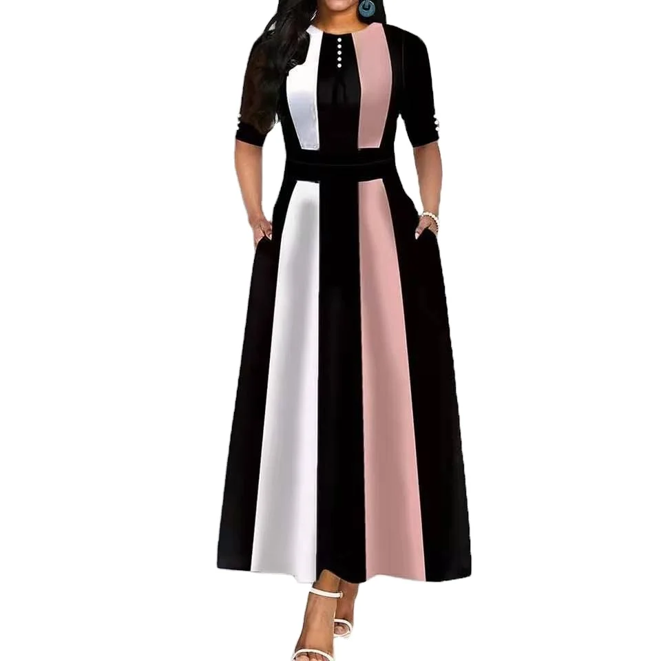 

Women Stretchy Vintage A Line Striped Maxi Dress Office Female Retro Standard Waist Skater Swing Dress Spring Autumn, Picture color