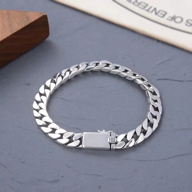 

8mm Wide 925 Sterling Silver Simple Flat Chain Bracelet Necklace for Men Double Safe Buckle Clasp