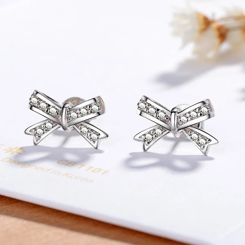 

Fashion sweet and cute bow stud earrings with diamonds women's stud earrings hypoallergenic platinum-plated S925 silver girl, White