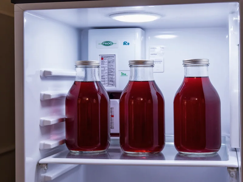 Elderberry syrup storage in refrigerator with temperature gauge