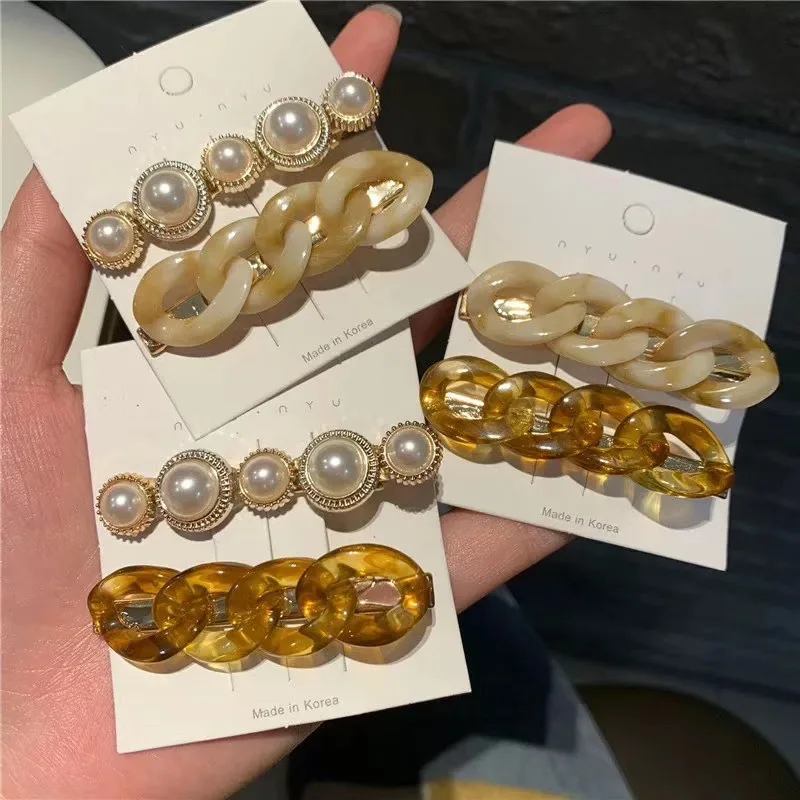 

OUYE Pearl Alloy Side Clip Lady Fashion Acrylic Chain Hair Clip Set Amber Color Duckbill Clip Wholesale, Colorful