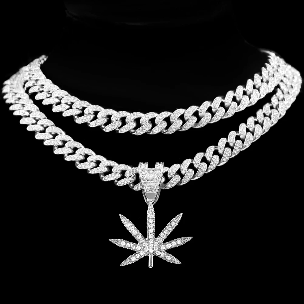 

Hiphop Iced Cuban Chain Maple Leaf Pendant Mens Punk Gold Stainless Steel Choker Hip Hop CZ Tennis Chain Necklace Jewelry, Gold silver plated