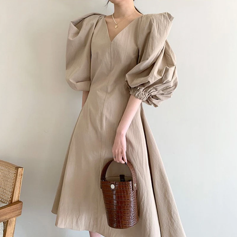 

Boutique Wholesale new arrive French retro slim V-neck mid-length puff sleeve elegant gentle ladies dress