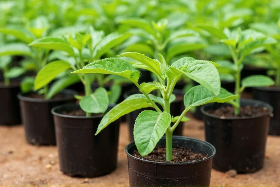 Healthy poblano pepper seedlings growing in starter pots with proper spacing and lighting conditions