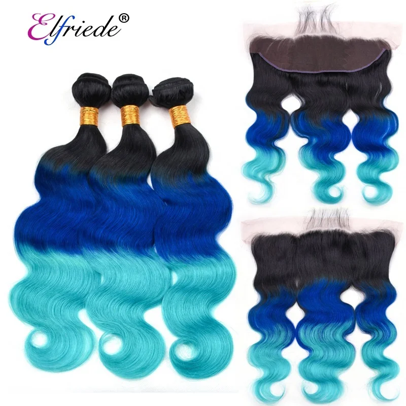 

#T 1B/Blue/Light Blue Body Wave Hair Bundles with Frontal Brazilian Remy Human Hair Weaves with 13"x4" Lace Frontal JCXT-119