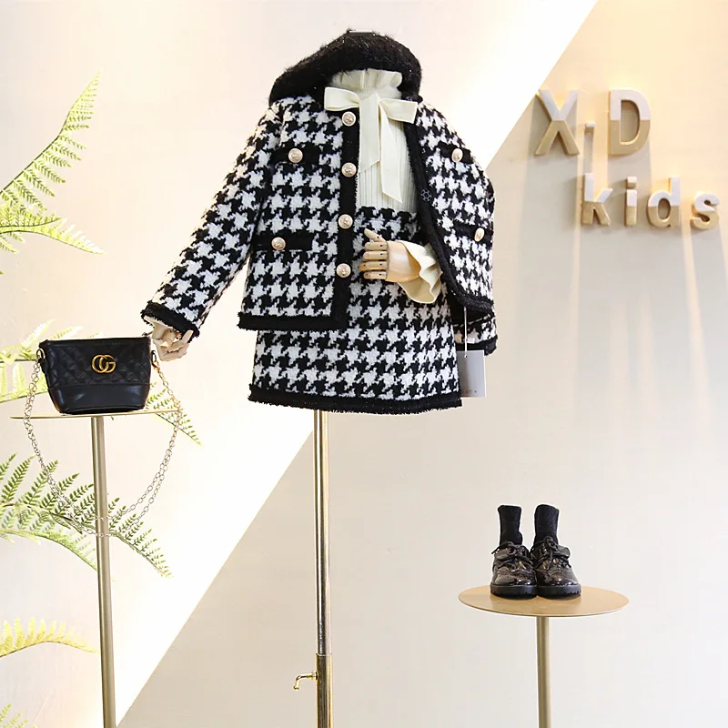 

Elegant Style 2021 Spring Autumn Kids Clothing Plaid Jacket And Skirt Set Jacket And Skirt Set, Black-white