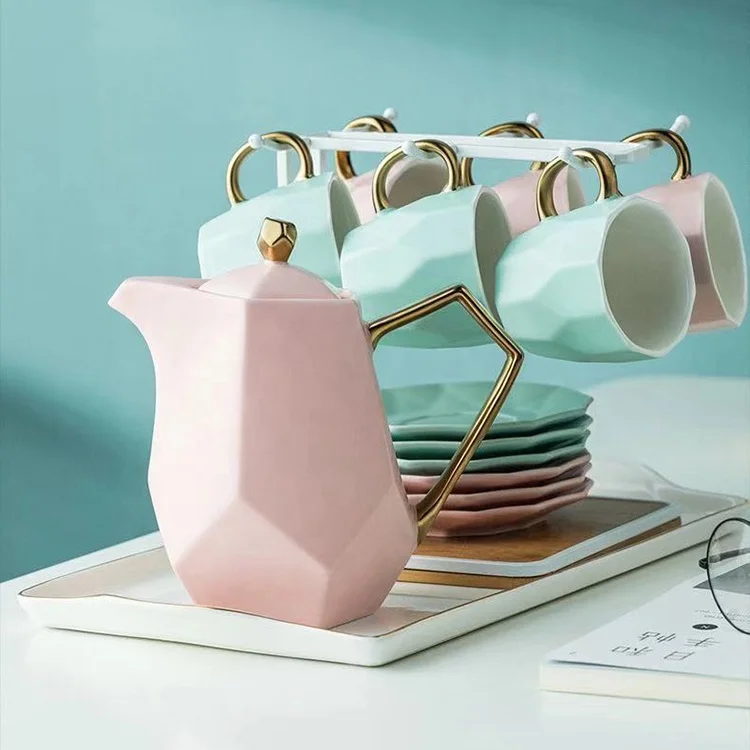 

Cafe Shop White Luxury 8pcs Porcelain Coffee Tea Cup Set Gold Decor Ceramic Tea Pot and Cup Set