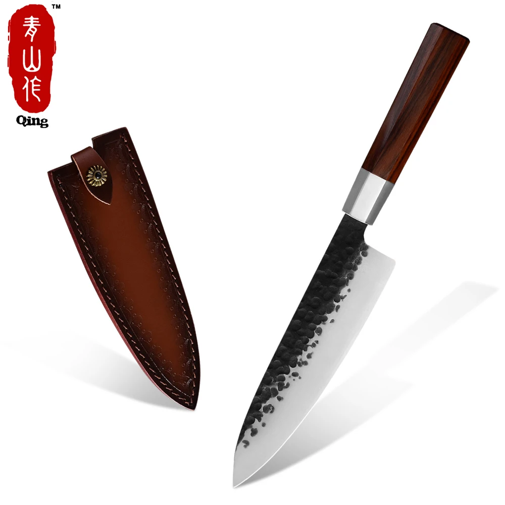 

Hot thick and heavy blade hammer finished high carbon stainless steel Japanese style kitchen chef knife with leather sheath