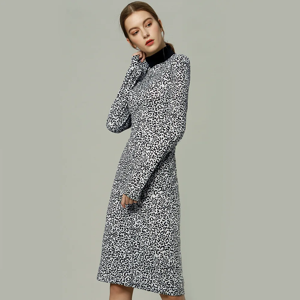 

Winter rayon gray leopard print fitted sweater dress sexy long sleeve turtle neck lady women classy midi bodycon pencil dresses, Grey