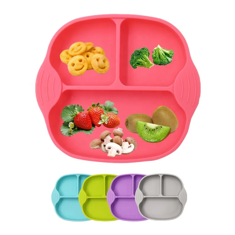 

Custom Food Grade Non-slip Suction Kids Table Silicone Baby Plate, Blue, green, grey, purple, rose red