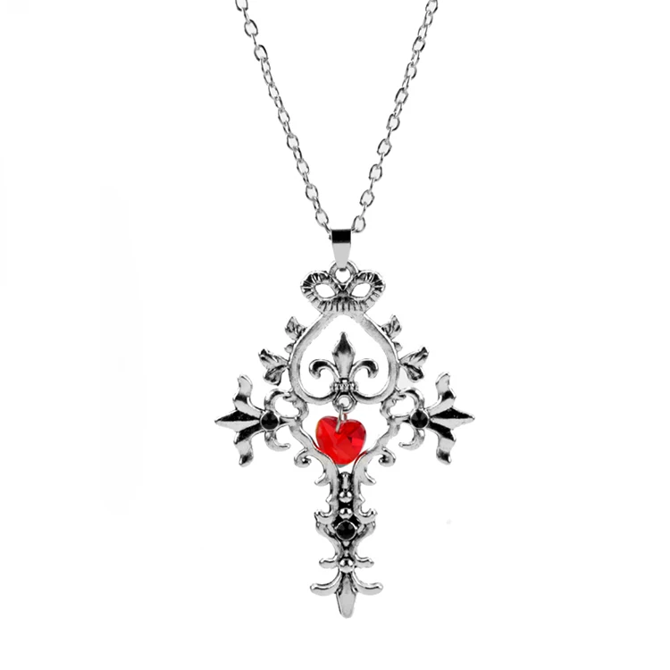 

Hot Punk Movie Jewelry The Vampire Diaries Vintage Baroque Gothic Cross Pendant Necklace with Red Heart Crystal for Men Women