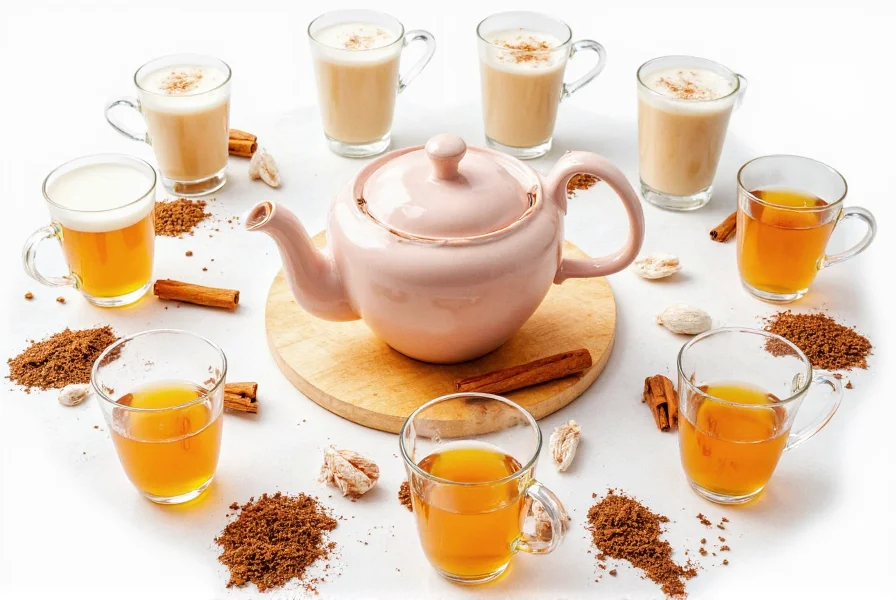 Various cinnamon milk tea variations with different milk types and additional spices arranged around a central teapot