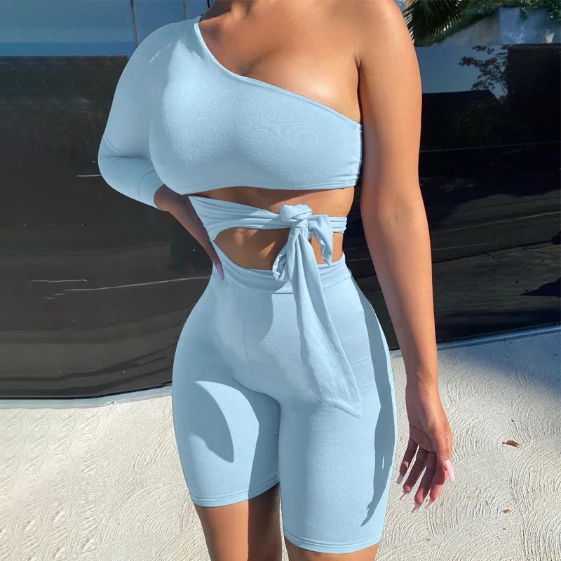 

2021 summer new arrival sexy One shoulder side lacing quick dry 2 two piece short set yoga wear set suit women clothes clothing, Picture shows