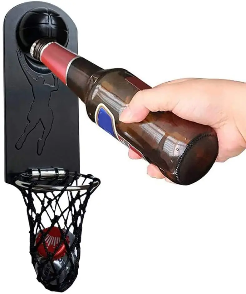 

Creative Basketball Bottle Opener, Metal Basketball Hoop Bottle Opener with Catcher, Fridge Magnet Beer Opener for Office