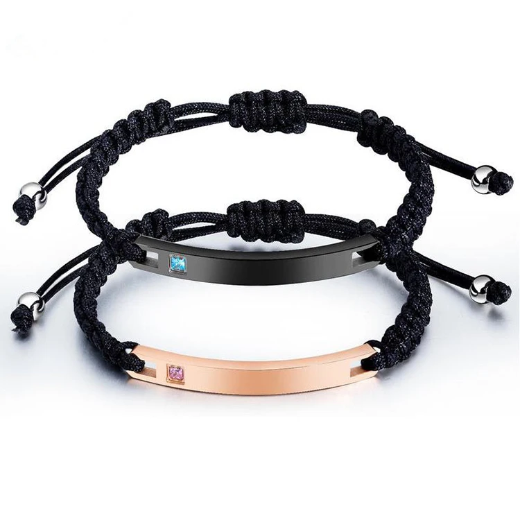 

Adjustable Cord Braided Engraved Bar Bracelet Couple, Black,rose gold